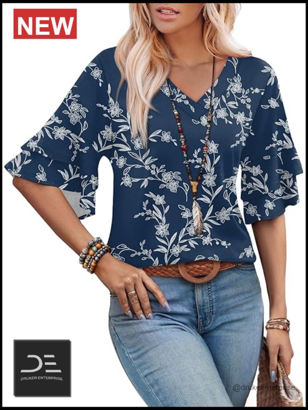 Boho 3/4 Sleeve V-Neck Blouse Dressy Casual Summer Top